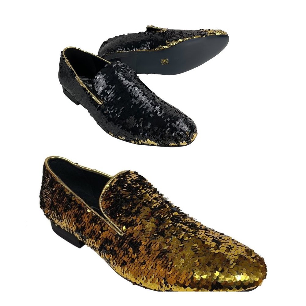 NEW AMALI Men's Slip On Gold/Black Sequins Loafers Flipp-428 size 15
